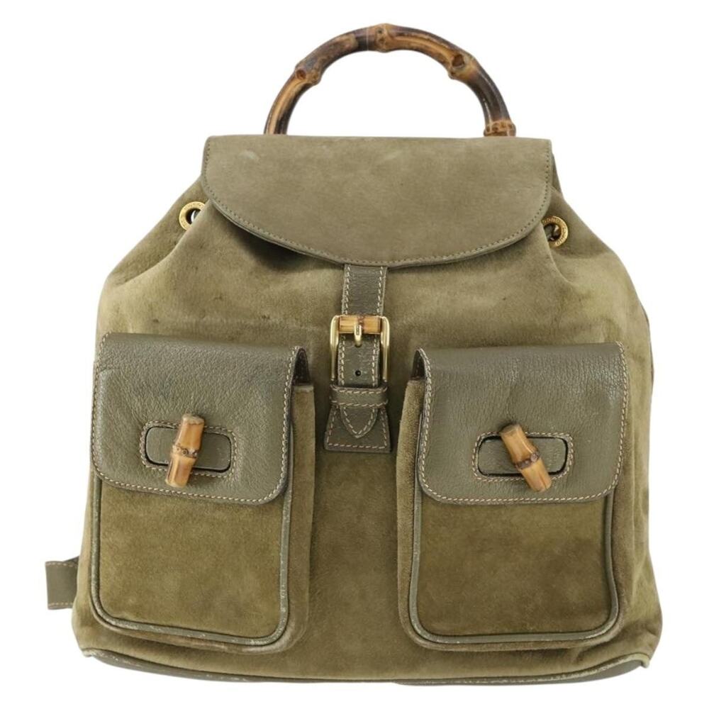 Gucci Bamboo Suede Backpack Khaki Gold 003 58 Green